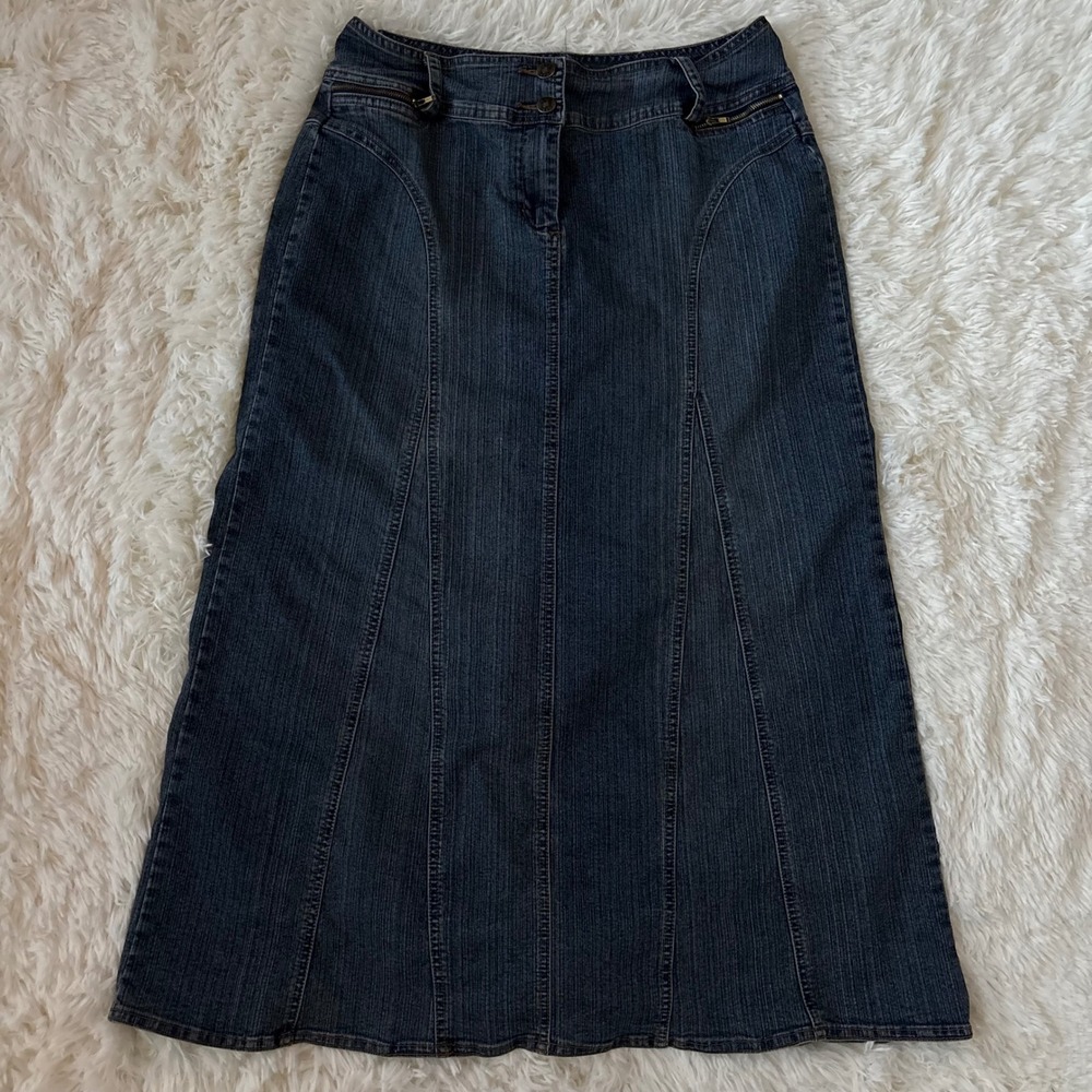 Cabi Denim Midi Skirt Dark Wash A-Line Panel Jean Skirt Size 8 Style 162